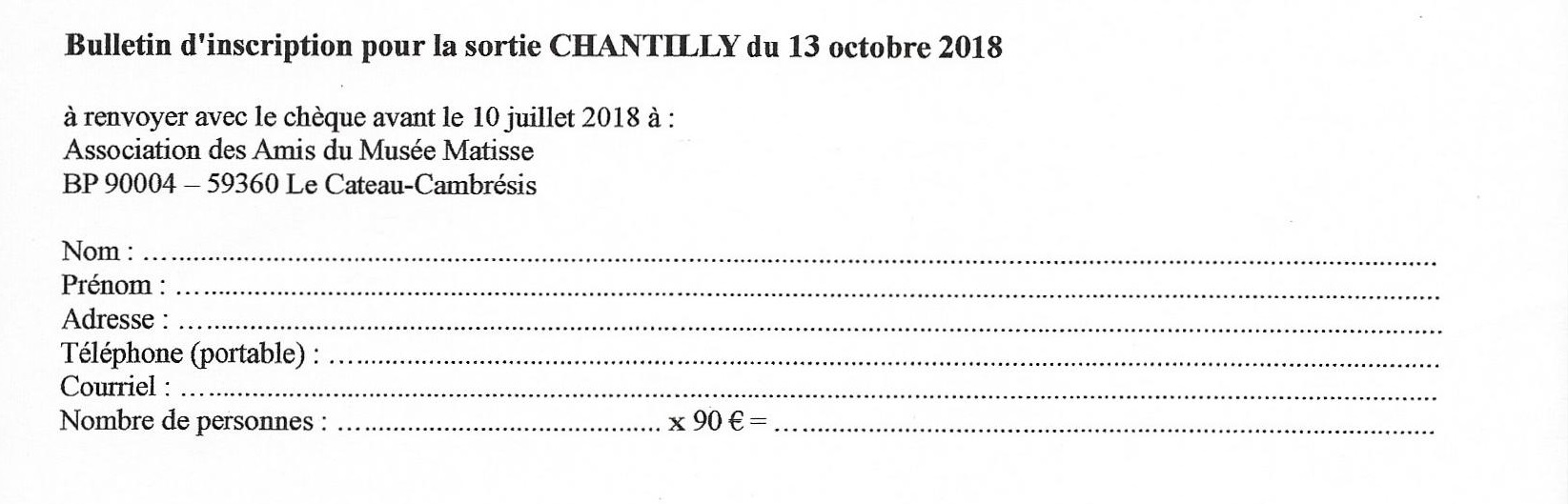 Bulletin inscription Chantilly